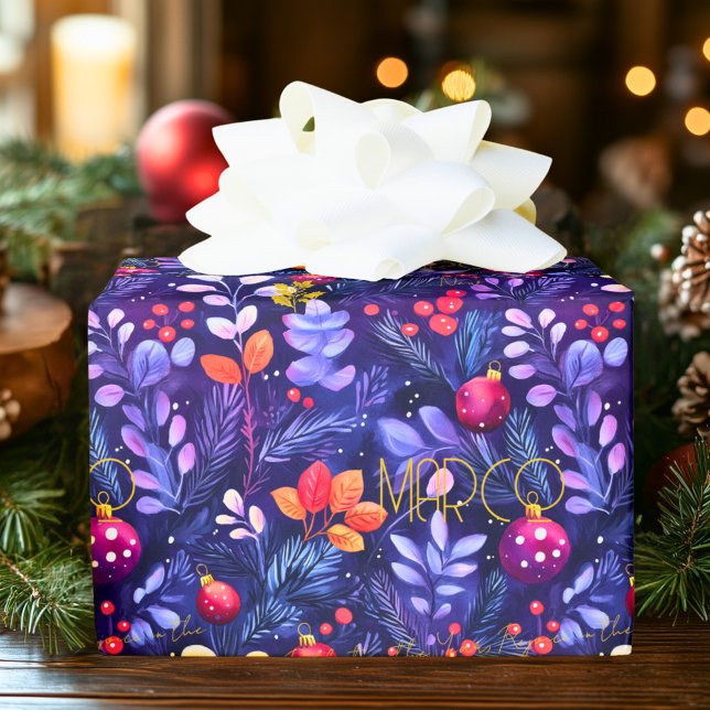 Custom Lila Botanical Christmas Wrap Geschenkpapier (Von Creator hochgeladen)