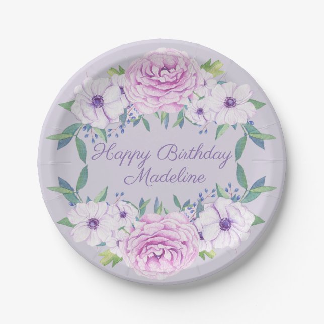 Custom Lila Lilac Floral Birthday Party Pappteller (Vorderseite)