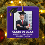 Custom Lila Senior Abschluss Foto 2023 Keramikornament<br><div class="desc">Dieses lila,  erfahrene Diplom Weihnachtsschmuck zeigt Ihr Abschluss-Foto unter einem schwarzen Gradmesser. Personalisieren Sie Ihre Unterrichtszeit,  Schule und nennen Sie ein tolles Geschenk für einen geschlossen Schüler.</div>