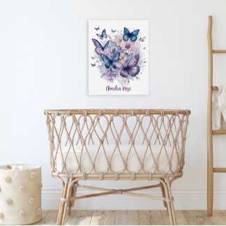 Custom Lila Watercolor Butterfells Girl Kinderzimm Poster