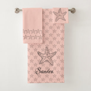 Custom Lite Coral White Chic Beach Haus Starfish Badhandtuch Set