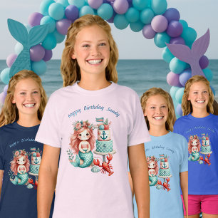 Custom Little Girls Mermaid Geburtstagspartei Aqua T-Shirt