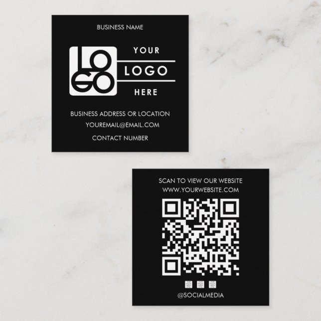 Custom Logo Black QR Code Website Social Media Quadratische Visitenkarte (Vorne/Hinten)