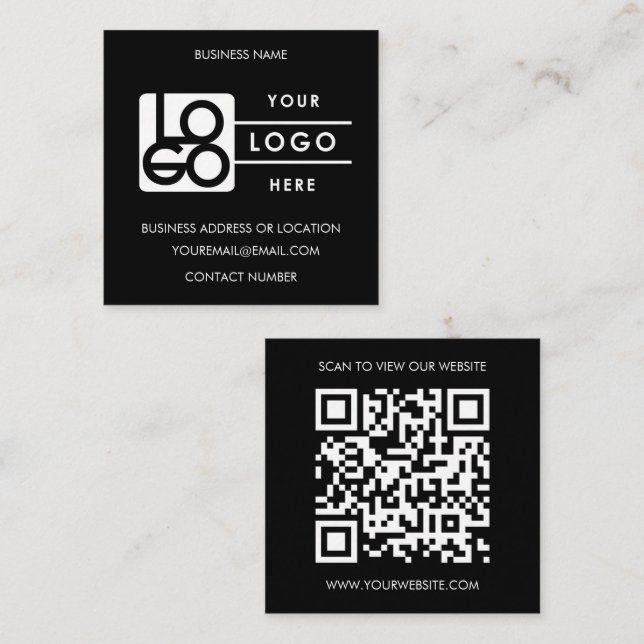 Custom Logo Black White QR Code Website  Quadratische Visitenkarte (Vorne/Hinten)