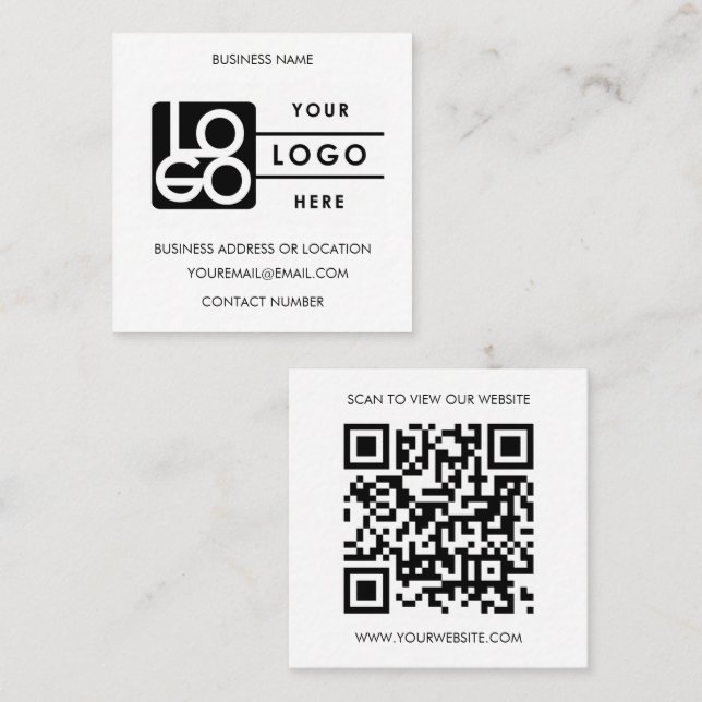 Custom Logo Black White QR Code Website  Quadratische Visitenkarte (Vorne/Hinten)