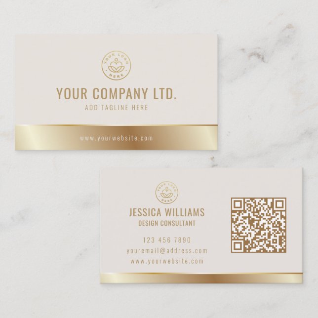Custom Logo Elegant Beige Gold QR Code Visitenkarte (Vorne/Hinten)
