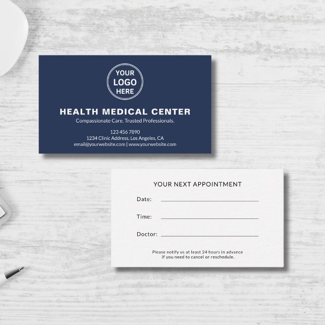 Custom Logo Healthcare Clinic Navy Blue Terminkarte (Custom Logo Healthcare Clinic Doctor Navy Blue Appointment Card)