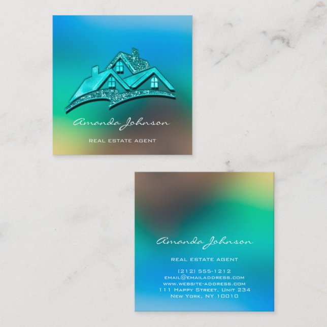 Custom Logo House Real Anwesen Agent Blue Ombre Quadratische Visitenkarte (Vorne/Hinten)