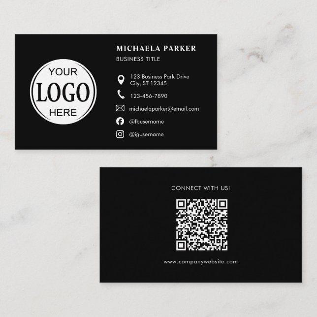 Custom Logo Icons Modern Black QR Code Visitenkarte (Vorne/Hinten)