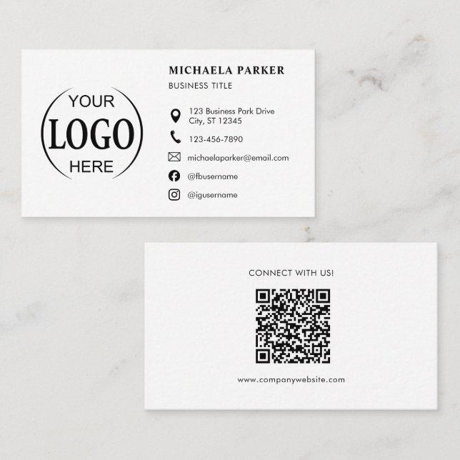 Custom Logo Icons Modern White QR Code Visitenkarte (Vorne/Hinten)
