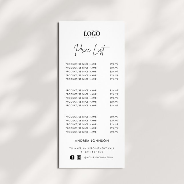 Custom Logo Minimalist Services Script Price List Werbekarte (Von Creator hochgeladen)