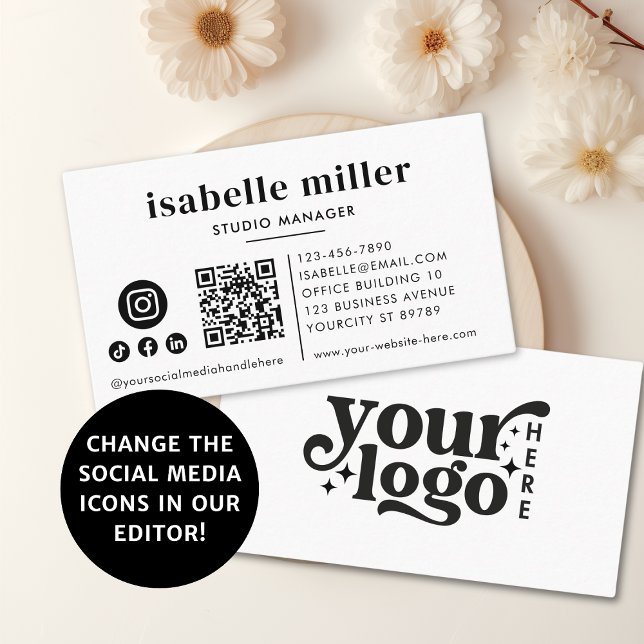 Custom Logo Modern Minimal Social Media Icons QR Visitenkarte (Von Creator hochgeladen)