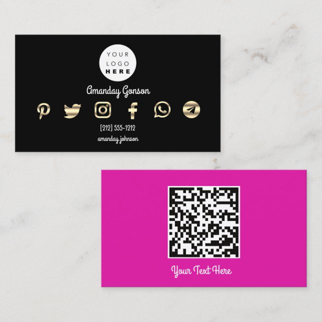 Custom Logo Social Media Gold Pink QR Code Pinter Visitenkarte (Vorne/Hinten)