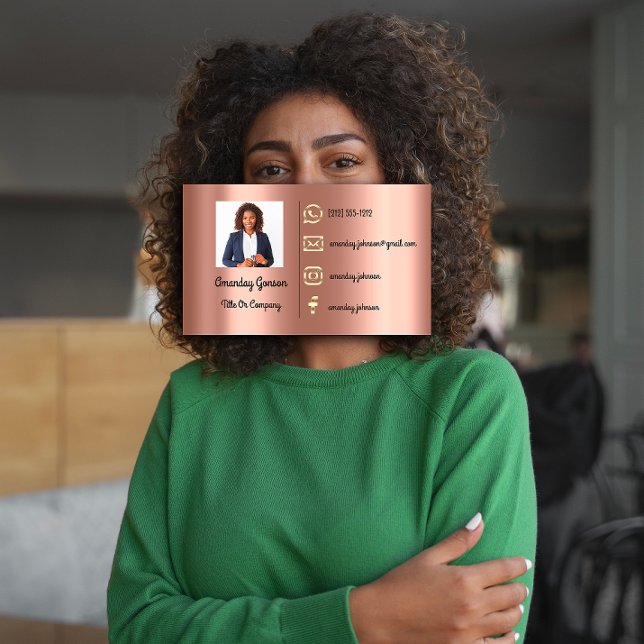 Custom Logo Social Media Gold QR Code Foto Rose Visitenkarte (Custom Logo Social Media Gold QR Code Photo Rose Business Card )