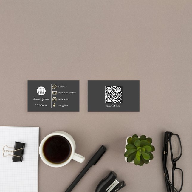 Custom Logo Social Media Gold QR Code Grau Visitenkarte (Custom Logo Social Media Gold QR Code Gray Business Card)