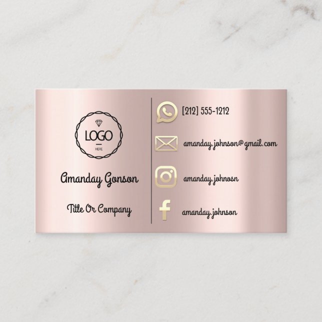 Custom Logo Social Media Gold QR Code Rose Gold Visitenkarte (Vorderseite)