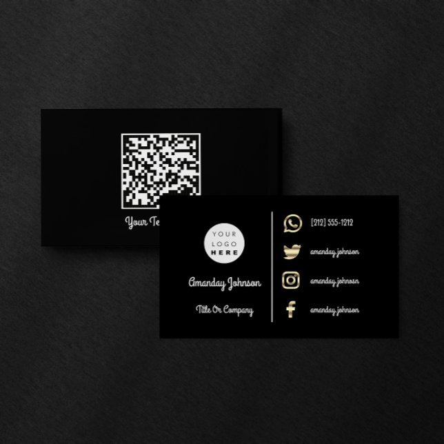 Custom Logo Social Media Gold QR-Code Schwarz-weiß Visitenkarte (Custom Logo Social Media Gold QR Code Black White Business Card)