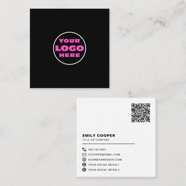 custom logo social media icons QR code black Quadratische Visitenkarte (Vorne/Hinten)