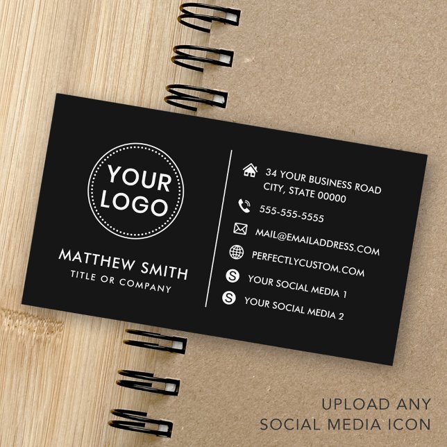 Custom logo website social media modern black visitenkarte (Custom logo website social media modern black business card)