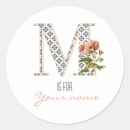 Custom M Name Floral Blume Klasse Letter M Moderne Runder Aufkleber