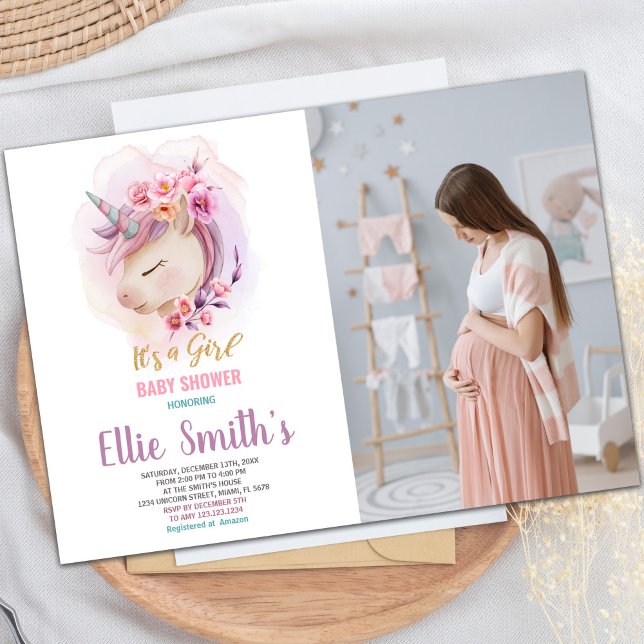 Custom Magical Baby Celebration Einladung (Floral Unicorn Baby Shower Invitations with photo)