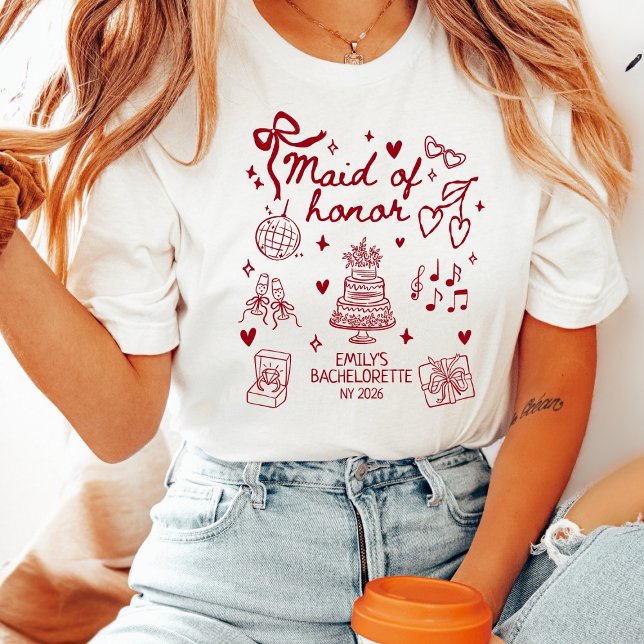Custom Maid of Honor Coquette Red Bow Bachelorette T-Shirt (Von Creator hochgeladen)