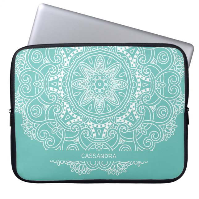 Custom Mandala Art Muster auf Aquamarin blauem Lic Laptopschutzhülle (Vorderseite)