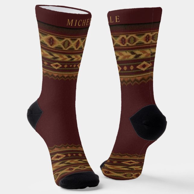 Custom Maroon Red Gold Yellow Aztec Muster Socken (Gewinkelt)