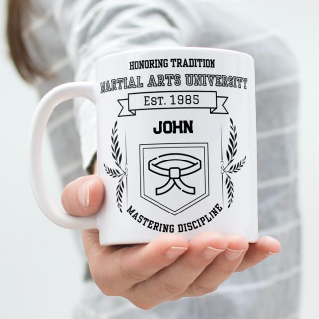 Custom Martial Arts University - Funny Zweifarbige Tasse (Woman holding a Martial arts university theme mug.)