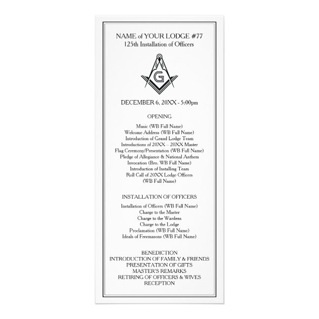 Custom Masonic Rack Cards | Installation von Refer Werbekarte (Vorne)