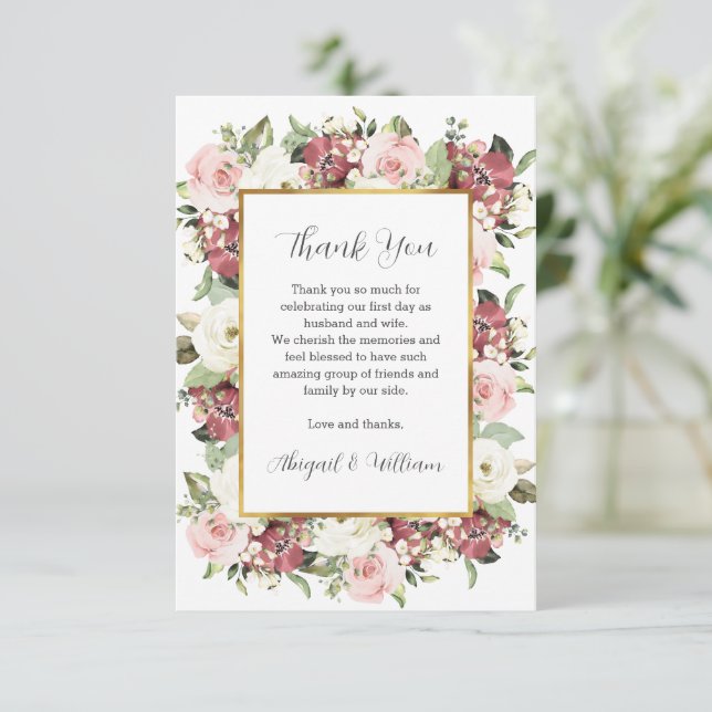 Custom Mauve Pink Florals Gold Frame Sage Green Dankeskarte (Stehend Vorderseite)