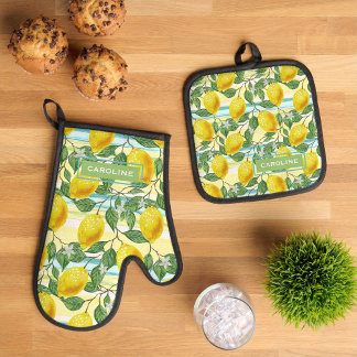 Custom Mediterranean Summer Lemon Fruchtmuster Ofenhandschuh & Topflappen-Set