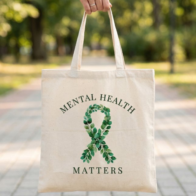 Custom Mental Health Matters Quote Green Ribbon  Tragetasche (Mental Health Matters Awareness  Walk Green Boranical Ribbon )