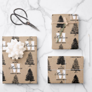 Custom Mercury Christmas Kraft Vintag Monogram Geschenkpapier Set