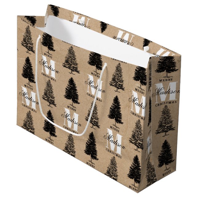 Custom Mercury Christmas Kraft Vintag Monogram Große Geschenktüte (Vorderseite Schrägansicht)