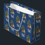 Custom Mercury Christmas Monogram Tiger & Tree Blu Große Geschenktüte<br><div class="desc">Ein personalisiertes "Frohe Weihnachten" Monogramm-Design mit einem Weihnachtstiger und Weihnachtsbaum. Ein ideales festliches,  individuelles Design für die Ferienzeit. Passen Sie das Monogramm an und machen Sie es zu Ihrem eigenen!</div>