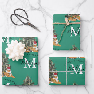 Custom Mercury Christmas Monogram Tiger & Tree Gre Geschenkpapier Set
