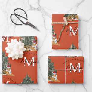Custom Mercury Christmas Monogram Tiger & Tree Red Geschenkpapier Set