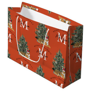Custom Mercury Christmas Monogram Tiger & Tree Red Große Geschenktüte