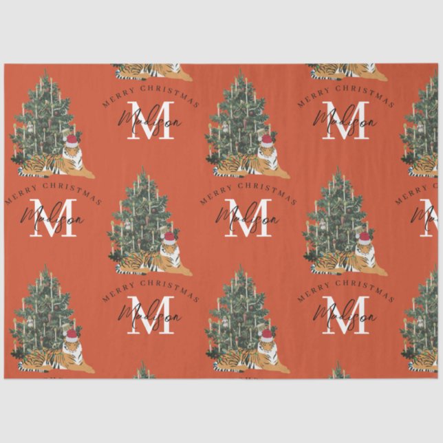 Custom Mercury Christmas Monogram Tiger & Tree Red Seidenpapier (Vorderseite)