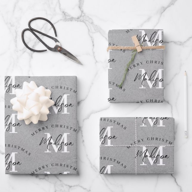 Custom Mercury Vintag Gray Monogram Geschenkpapier Set (Vorderseite)