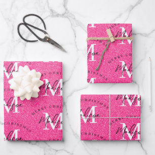 Custom Merit Christmas Pink Glitzer Monogram Geschenkpapier Set