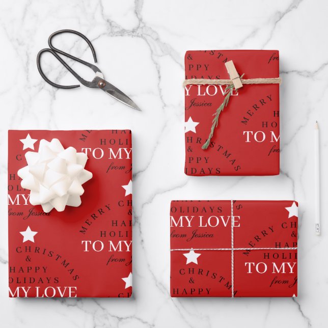 Custom Merit Christmas Red Monogram Husband Ehefra Geschenkpapier Set (Vorderseite)