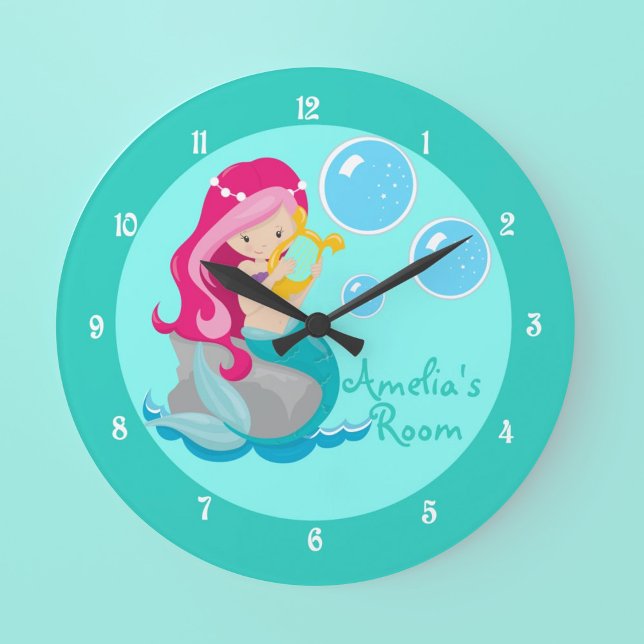 Custom Mermaid Girl Aquamarin Große Wanduhr (Von Creator hochgeladen)