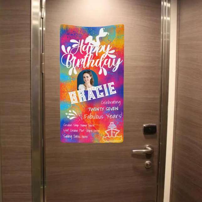 Custom Mermaid Happy Birthday Cruise Door Banner (Fun and colorful Birthday Banner for cruise door.  Not shown to scale. Image is for example purposes)