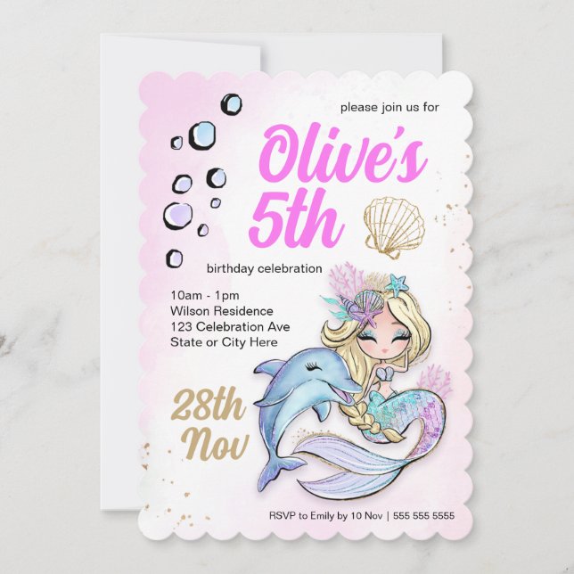 Custom Mermaid Under Sea Birthday Wavy Edge Einladung (Vorderseite)