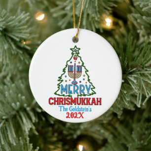 Custom Merry Chrismukkah Happy Hanukkah Keramik Ornament