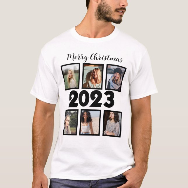 Custom Merry Christmas 2023 6 Foto Collage T-Shirt (Vorderseite)