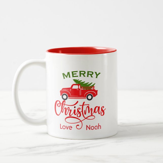 Custom Merry Christmas Red Truck Personalisiert Zweifarbige Tasse (Links)