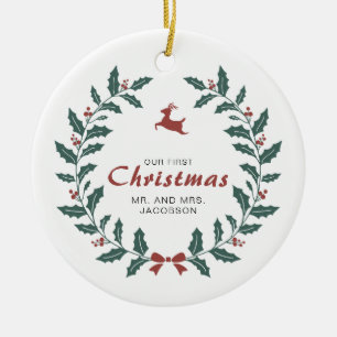 Custom Merry Christmas Wreath Deer Heilige Beere Keramik Ornament